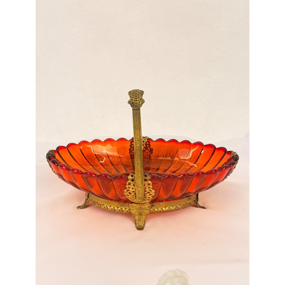 Imperial Glass Amberina Basket Ornate Gold Filigree Brass Frame Footed Dish